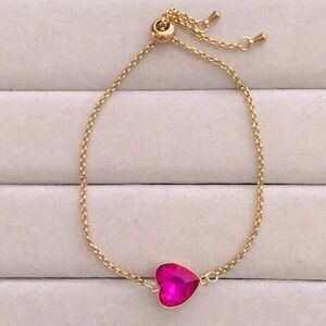 Hot Pink Fuchsia + Gold Crystal Heart Adjustable Boho Bracelet